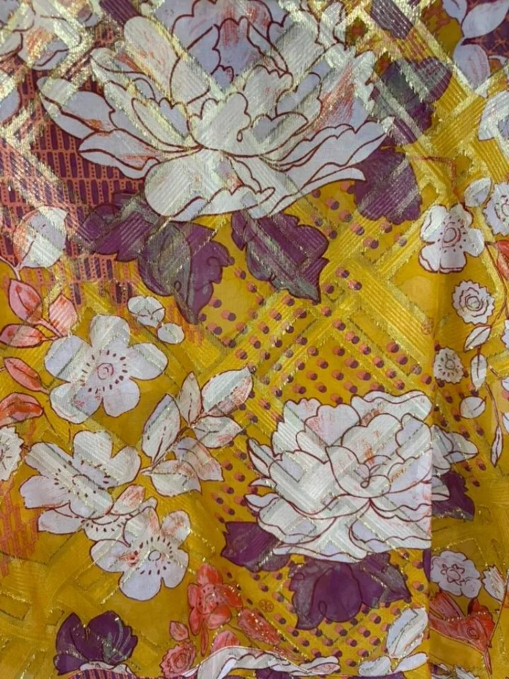 Tory Burch Silk Blend Gold Floral Metallic Sheer Tunic Blouse Size 8